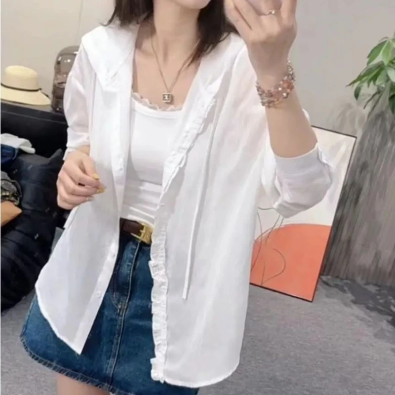 木耳边连帽防晒衬衫女春季2025新款休闲宽松百搭洋气小衫薄款上衣