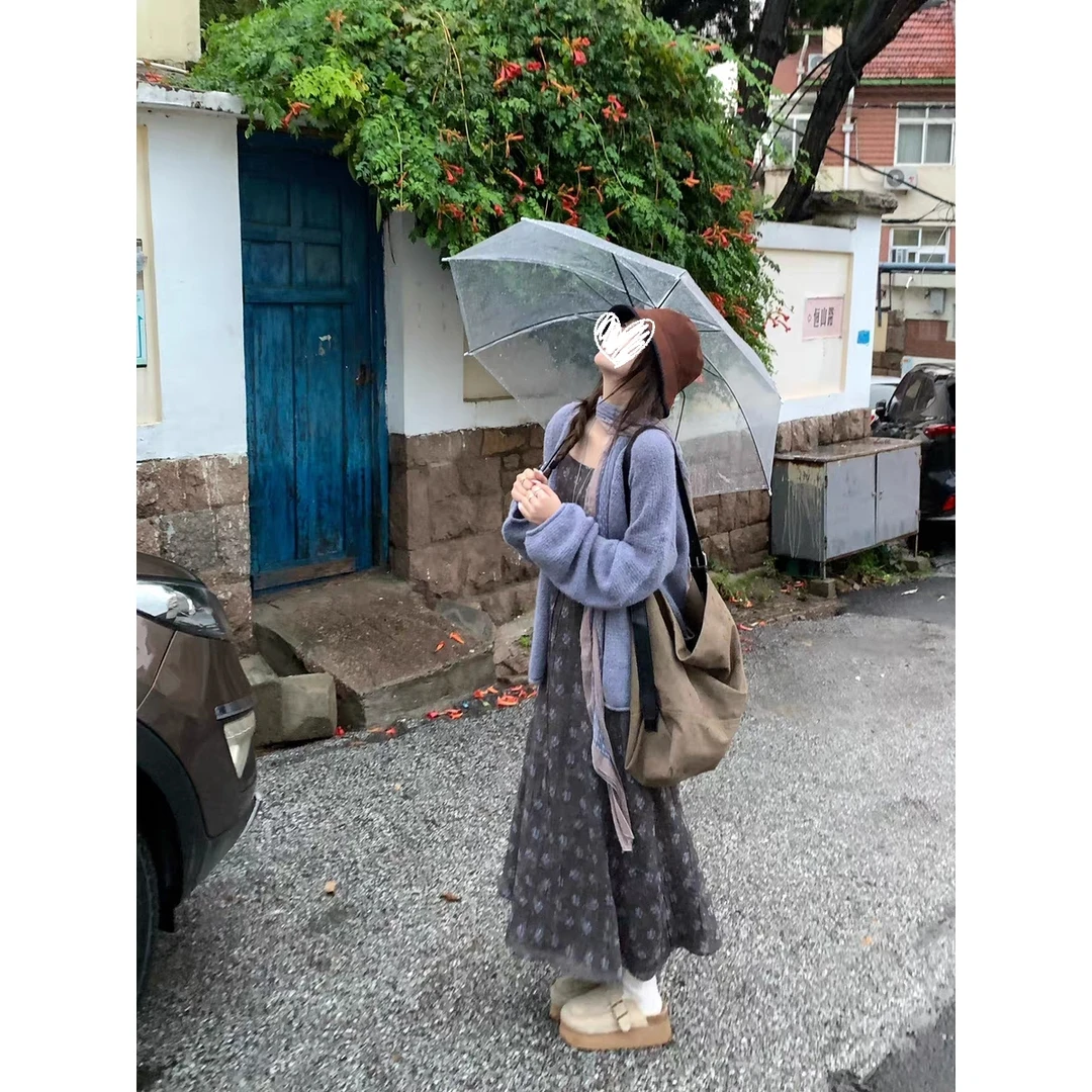 韩系复古碎花吊带连衣长裙卷边慵懒毛衣开衫外套秋季时尚套装女