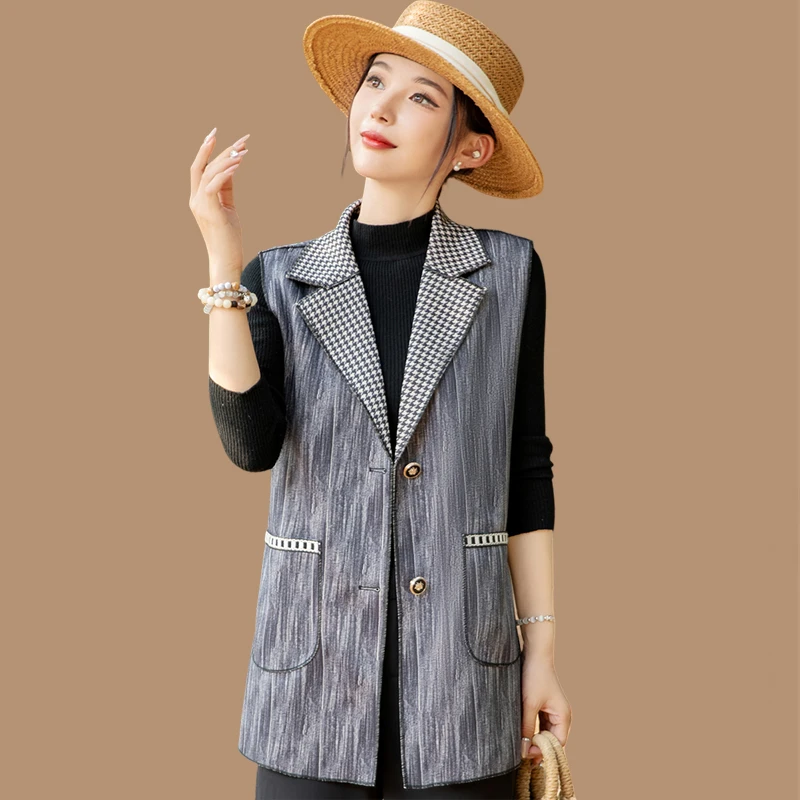 中老年妈妈春装格子马夹纯色保暖背心春季新款马甲开衫外穿坎肩