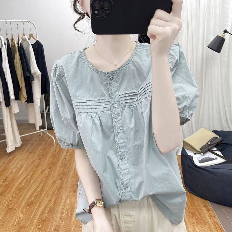 A2511韩版宽松大码女装衬衫桔梗减龄设计感上衣小衫2025夏季新款