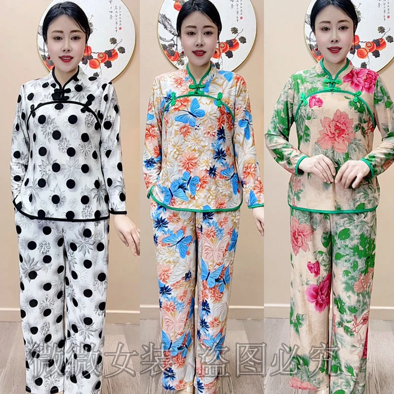 新中式中老年春夏季时尚休闲印花妈妈装显瘦气质洋气女士网红套装