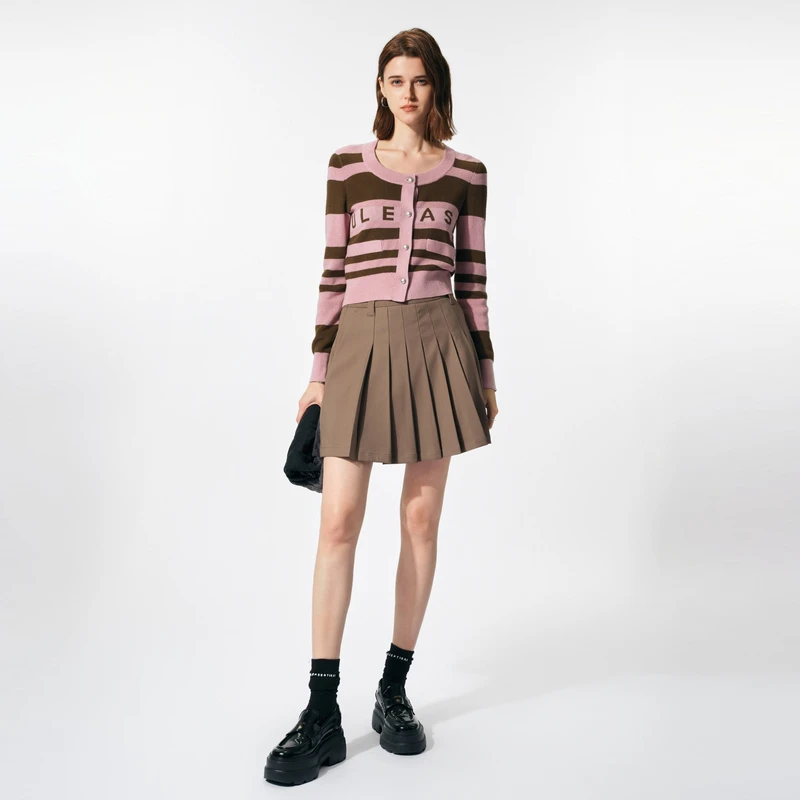 UTI新款撞色提花条纹开衫女装百搭圆领甜酷毛衫上衣