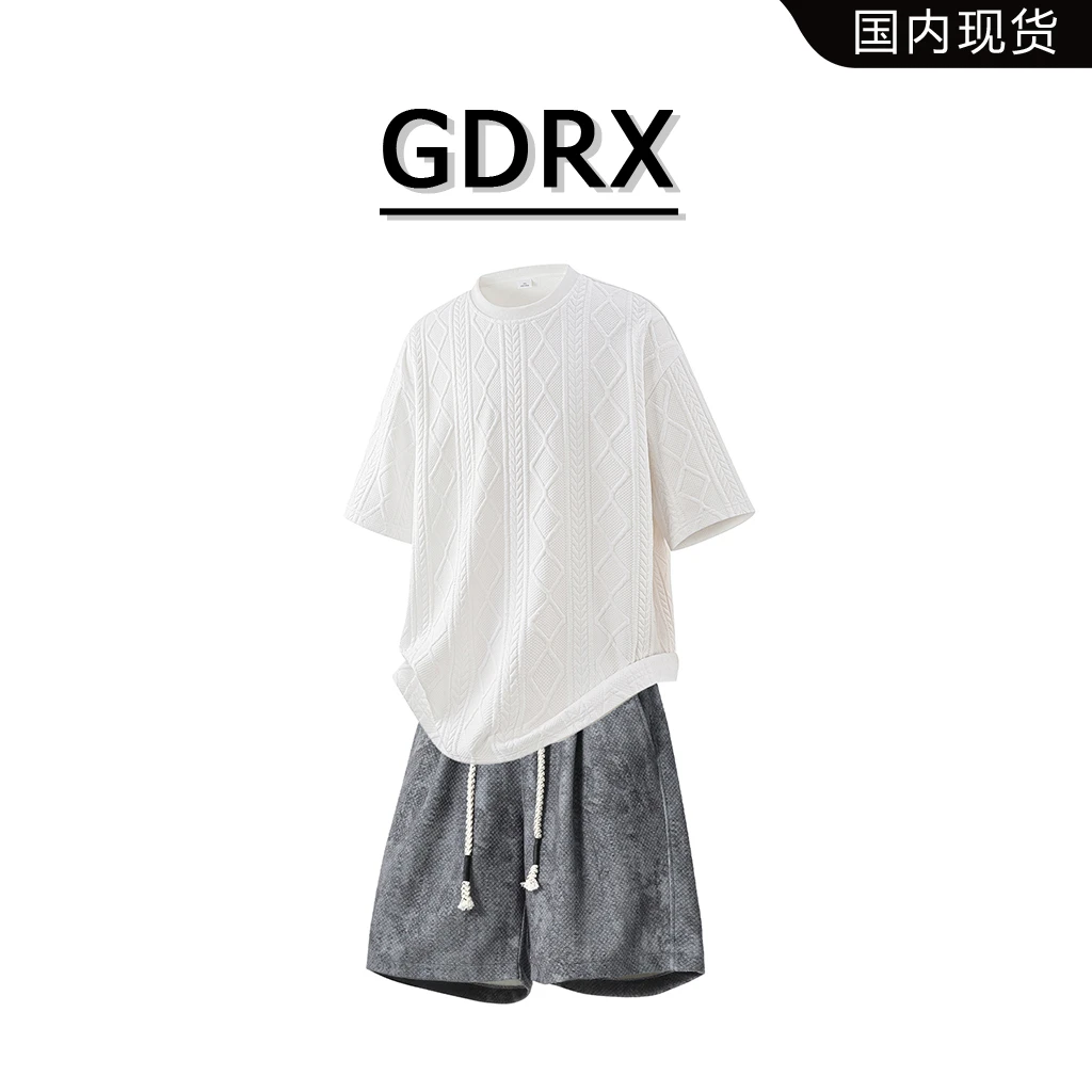 GDRX高级感提花短袖套装男生2025夏季宽松休闲两件套轻奢痞帅男装