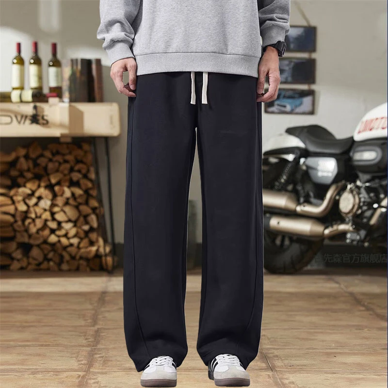 高端黑色裤子男宽松直筒裤美式休闲运动卫裤秋冬加绒阔腿弯刀裤潮