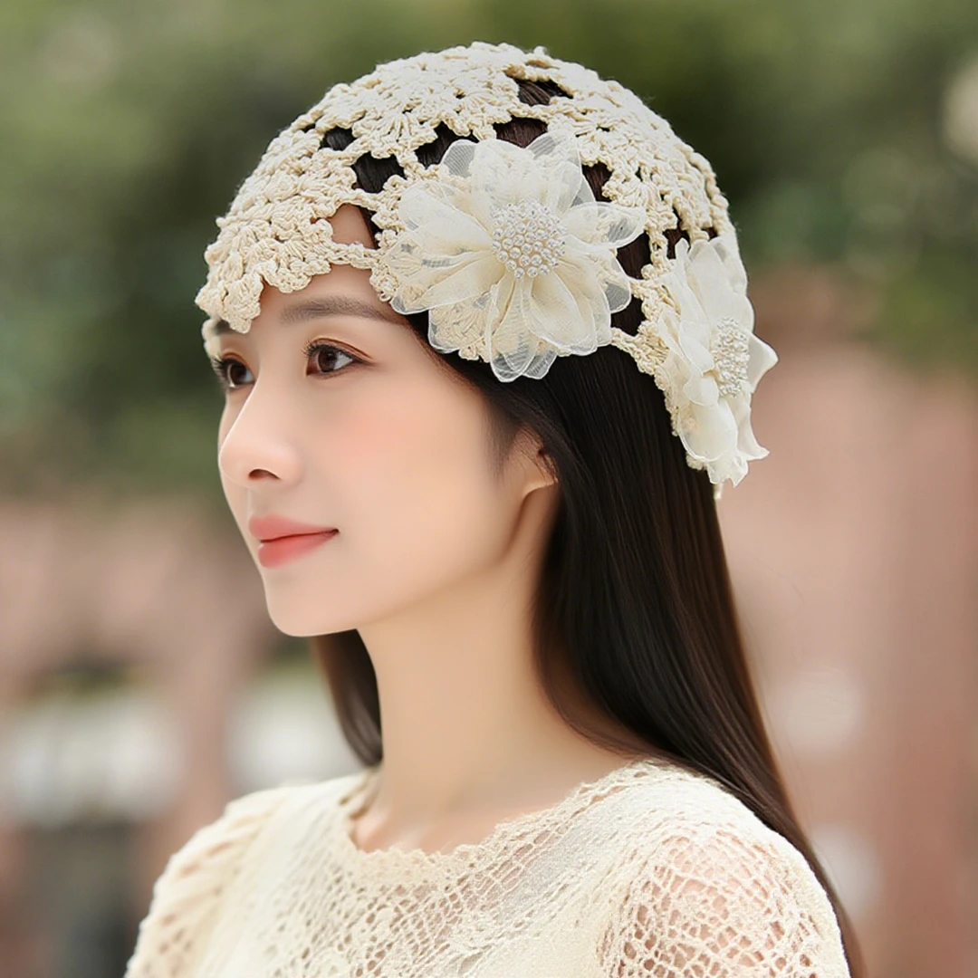 花朵帽子女款镂空薄款包头帽春夏季2025新款手工钩花头巾遮白发帽