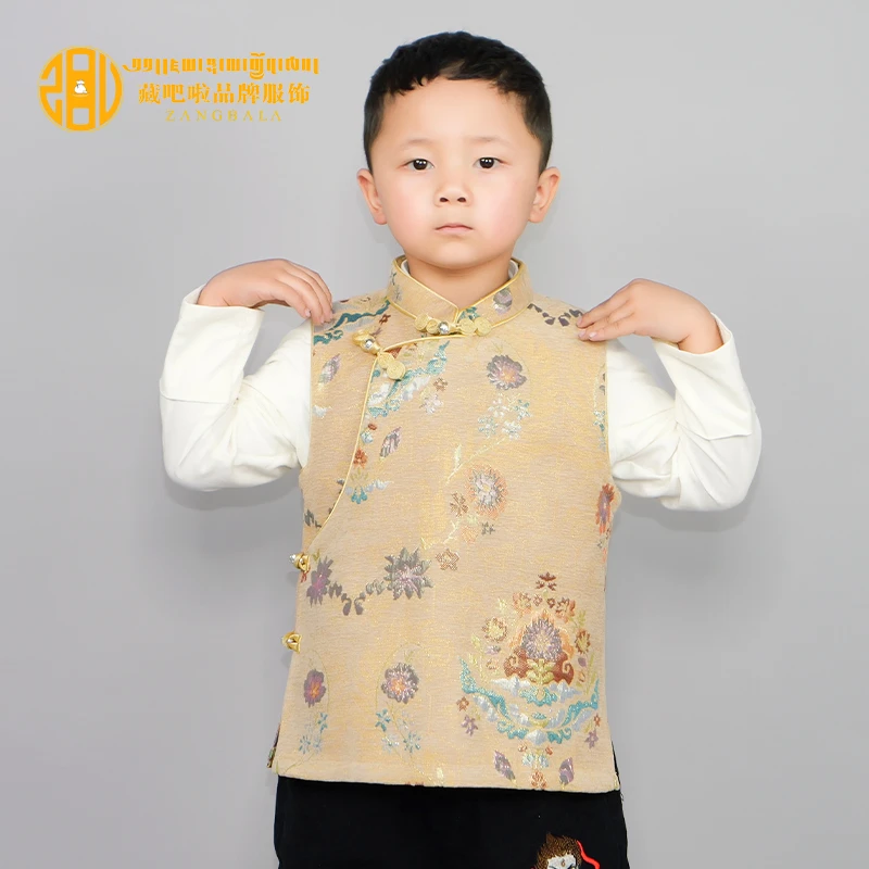 藏吧啦童装小孩高档色织宝利花马甲儿童民族服饰马甲