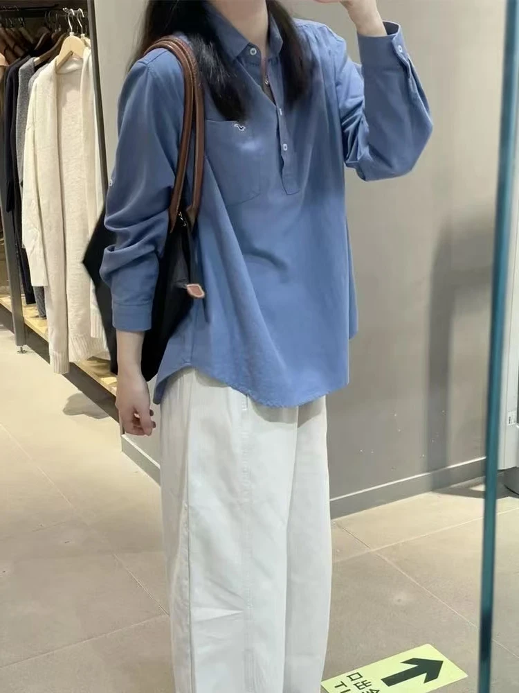 韩版简约蓝色翻领长袖衬衫女早秋新款宽松休闲时尚百搭松弛感上衣