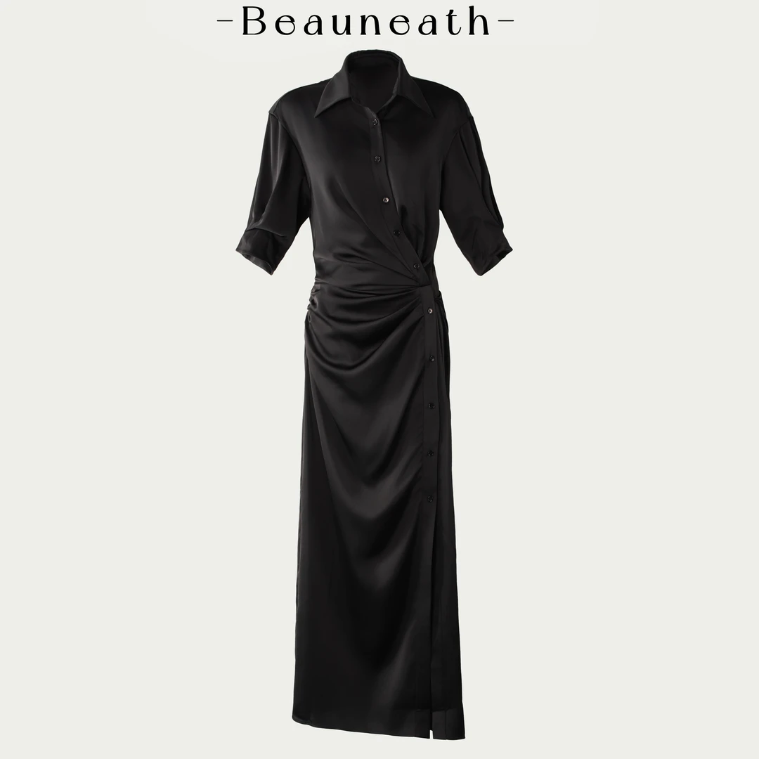 【腔调】帅气女主 显瘦褶皱重工设计显瘦衬衫领开叉长款连衣裙