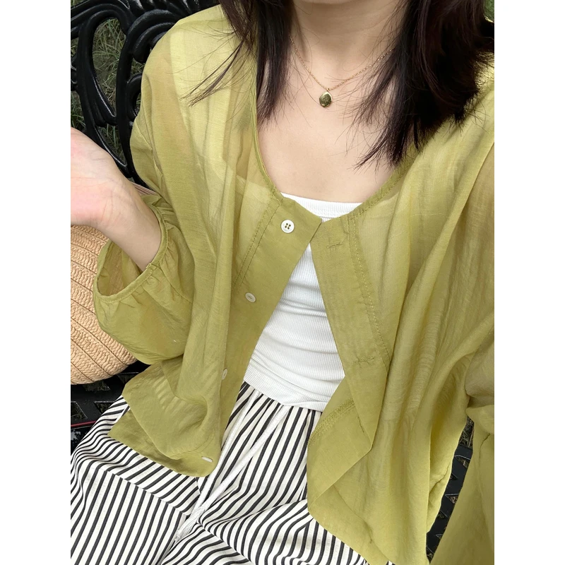 亚麻法式圆领衬衫防晒衣外套女2025夏季新款轻薄透气设计感上衣