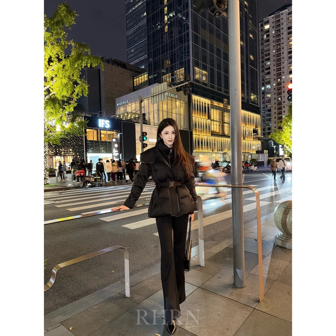 RHRN 经典90白鸭绒翻领收腰羽绒服