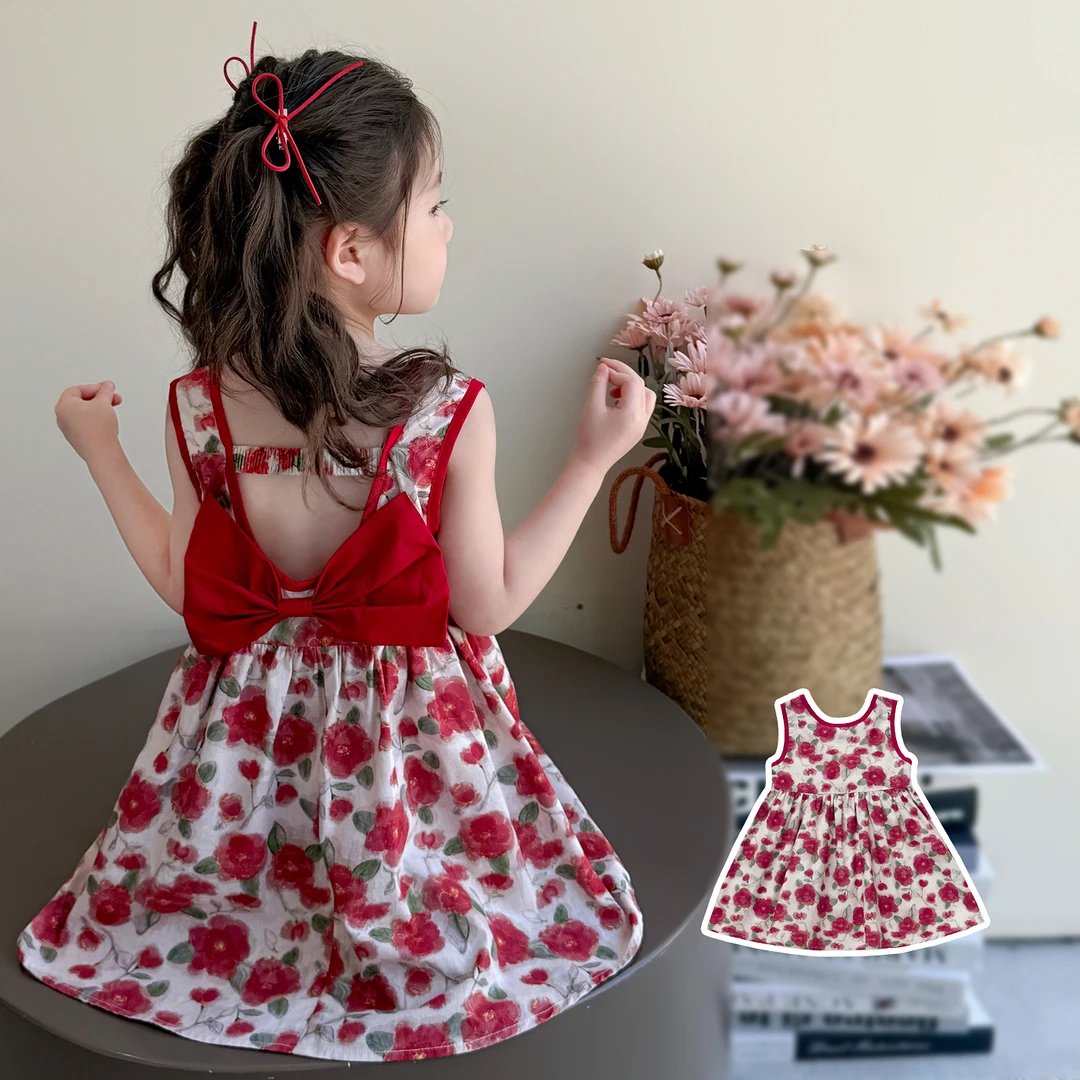 女童碎花连衣裙2025新款儿童夏装韩版洋气女宝宝夏季蝴蝶结背心裙