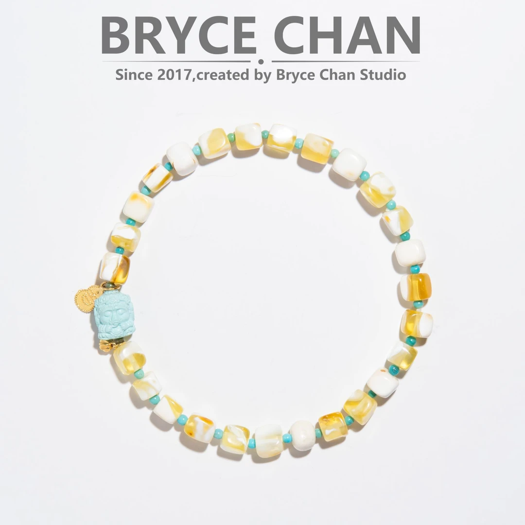 【耀今·金瓷白溶洞方糖18K金手串】（5~5.8mm·4.4g）绿松妖花蜜蜡手串