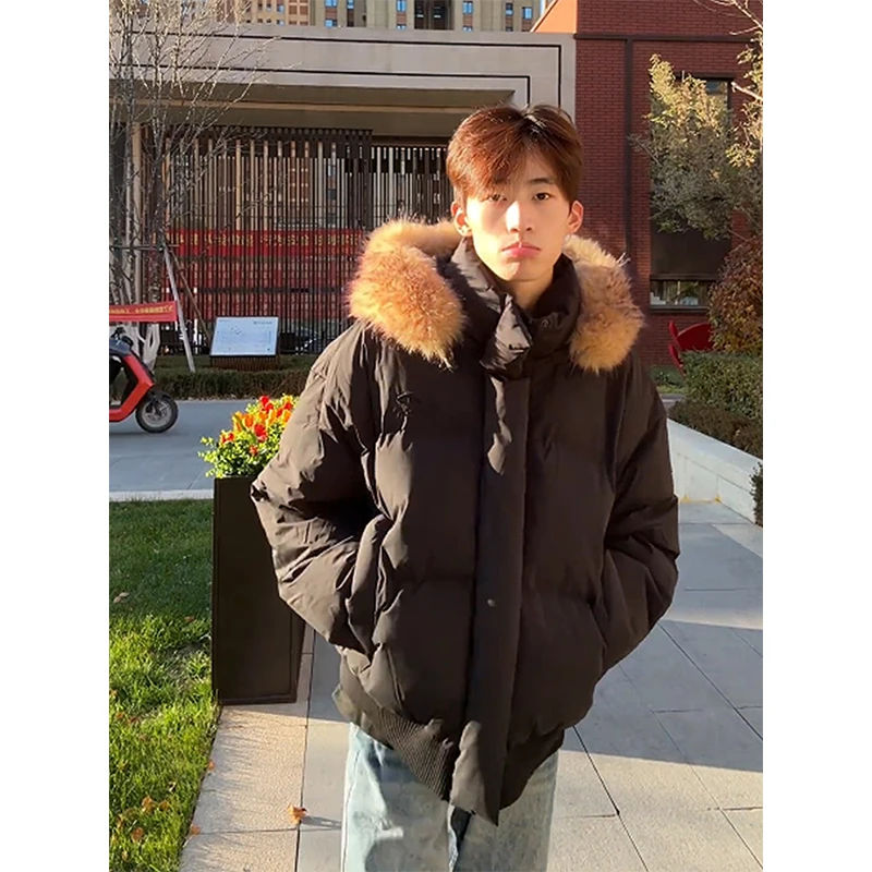 黑色大毛领连帽棉服男款冬季加厚短款棉衣外套美式情侣保暖面包服