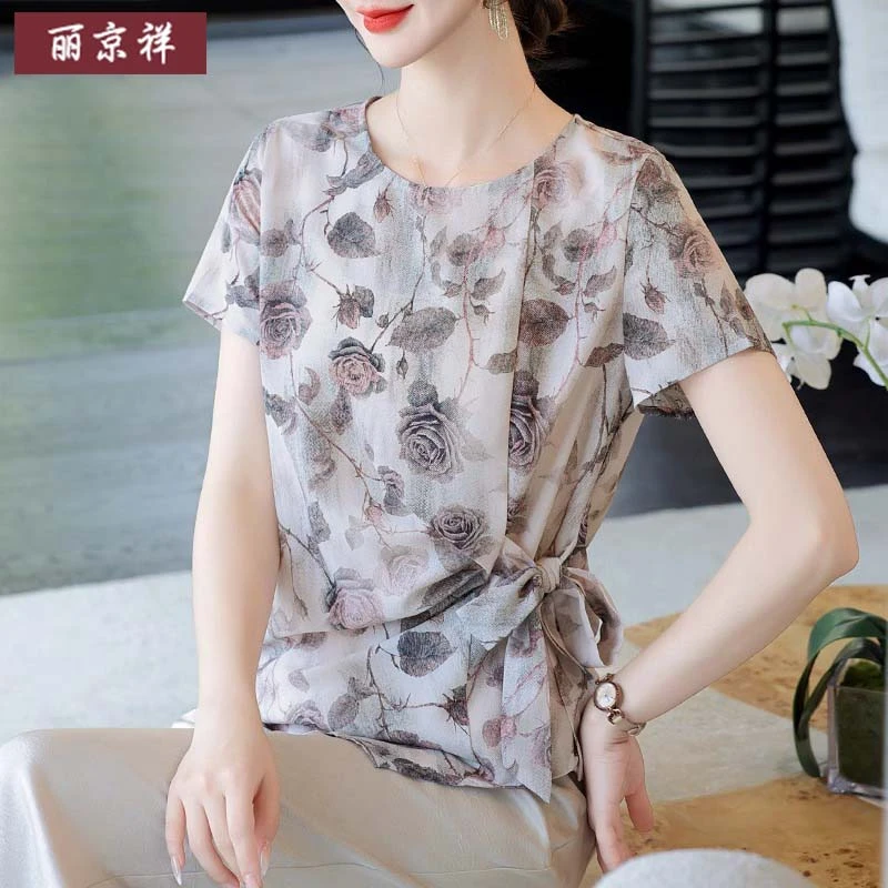 妈妈夏装端庄大气套装洋气宽松小衫中老年女短袖T恤雪纺上衣薄款