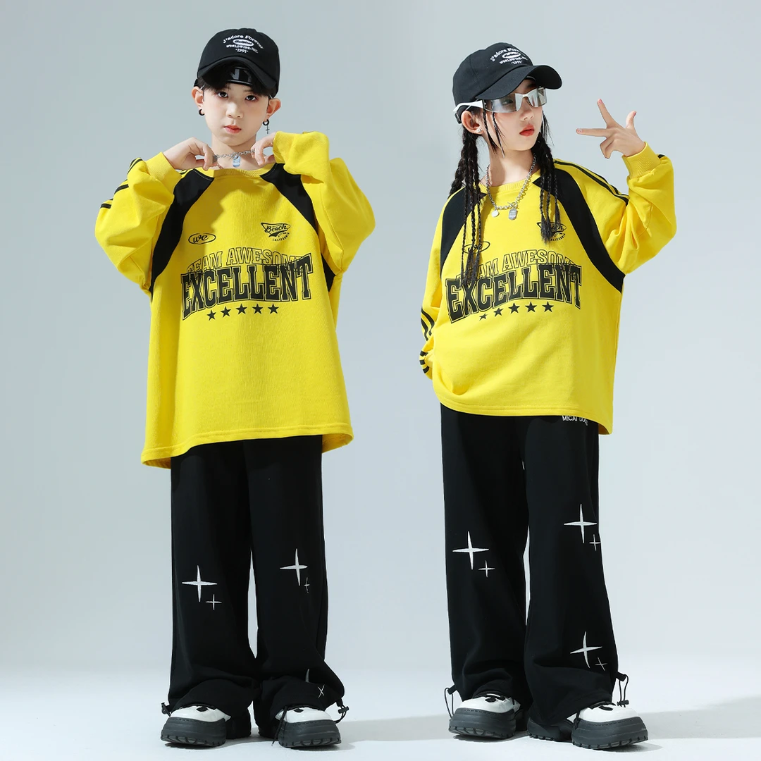少儿嘻哈hiphop街舞潮服男女童宽松长袖T恤练功服架子鼓表演出服