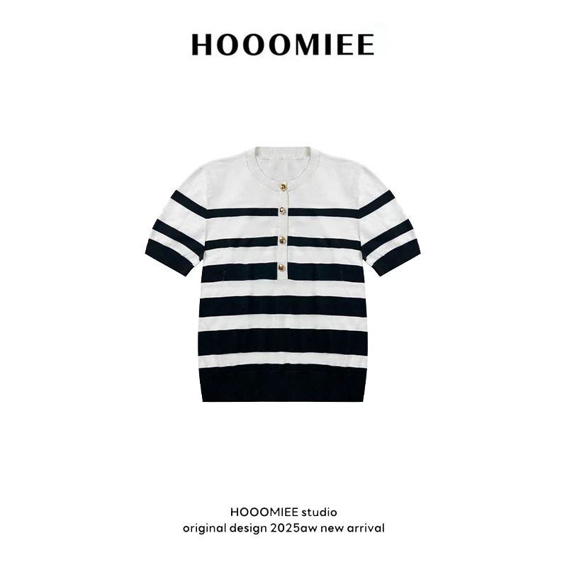 Hooomiee经典金扣渐变条纹日常搭配女士T恤短袖250162