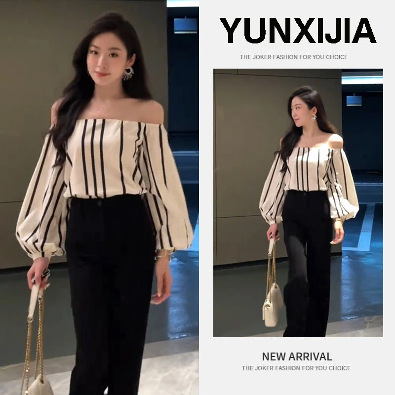 2025秋季新款时尚条纹法式设计感气质宽松发上衣裤子两件套