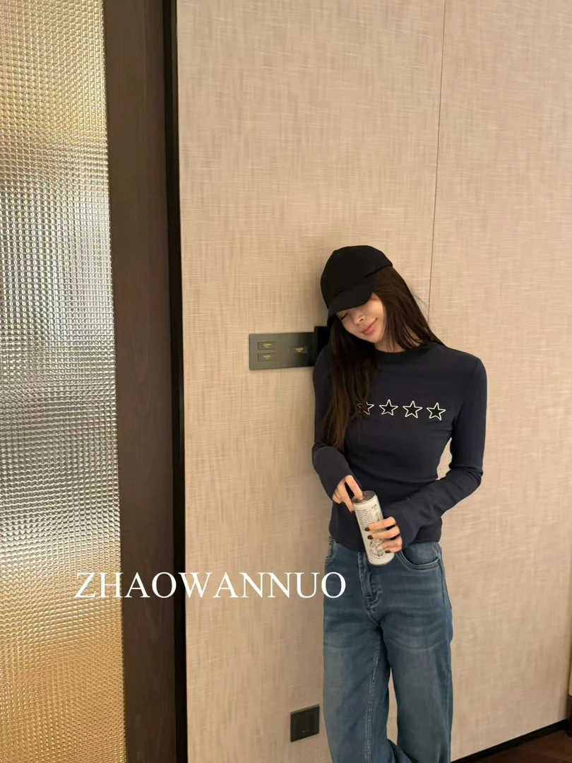 ZHAO WANNUO 丨秋冬修身版型波浪边印花星星长袖打底T恤WN0037