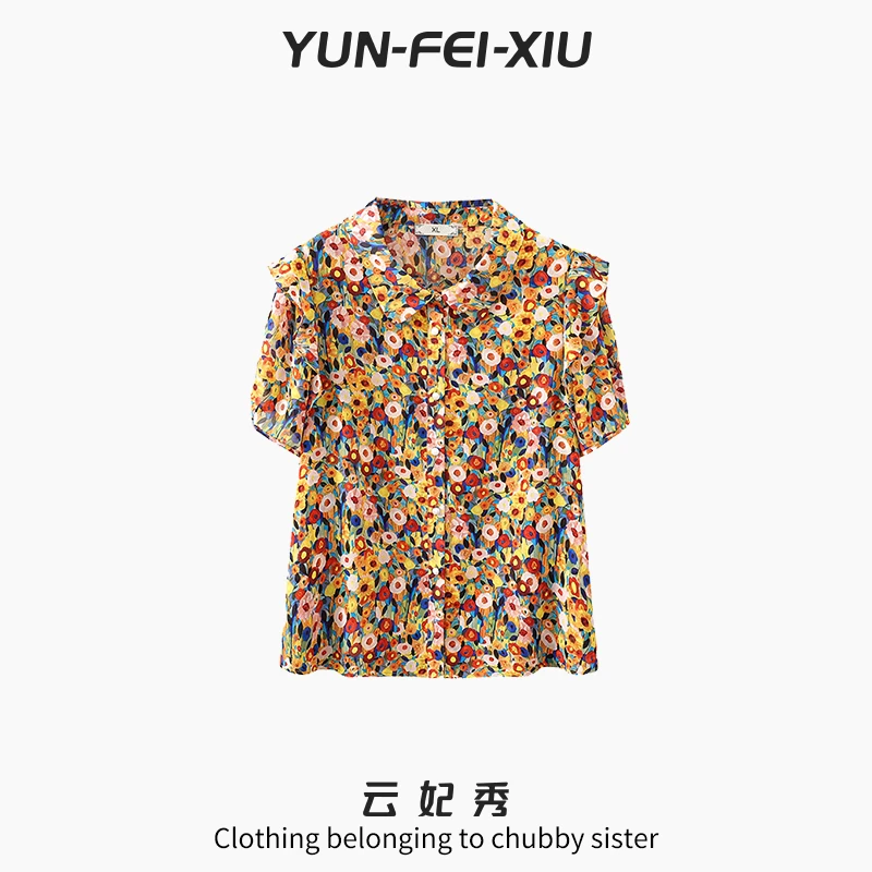 云妃秀大码女装衬衫雪纺印花百搭宽松显瘦遮肉胖妹妹夏季22303