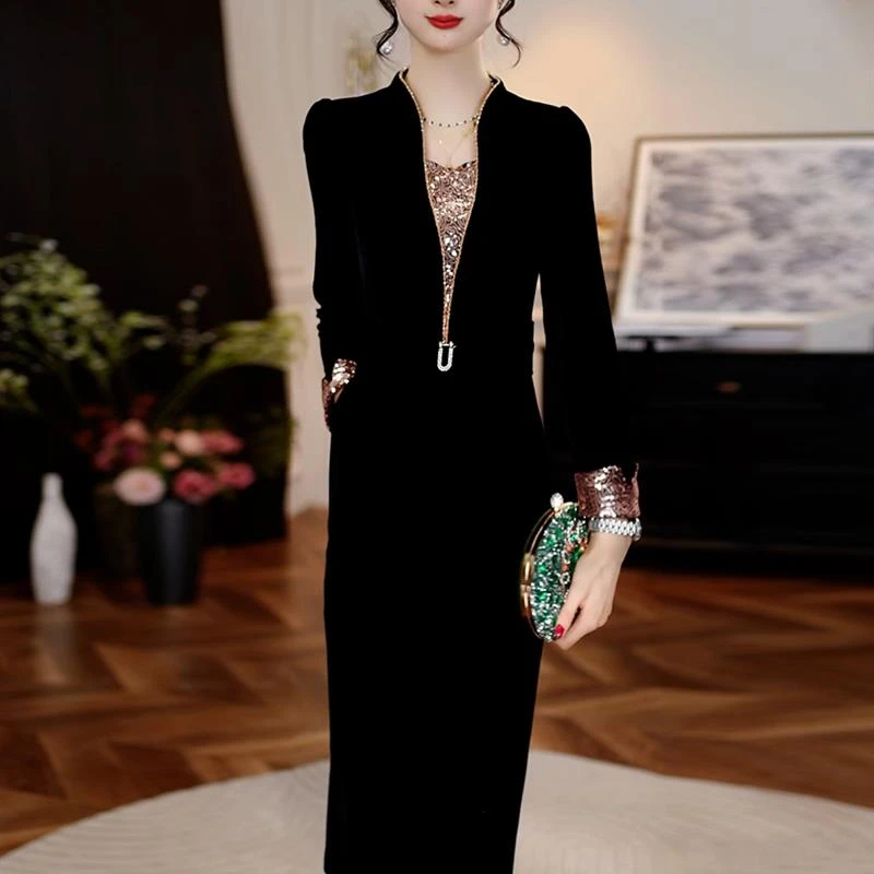 长袖秋季连衣裙女装2025新款轻奢高级感妈妈显瘦气质黑色丝绒裙子