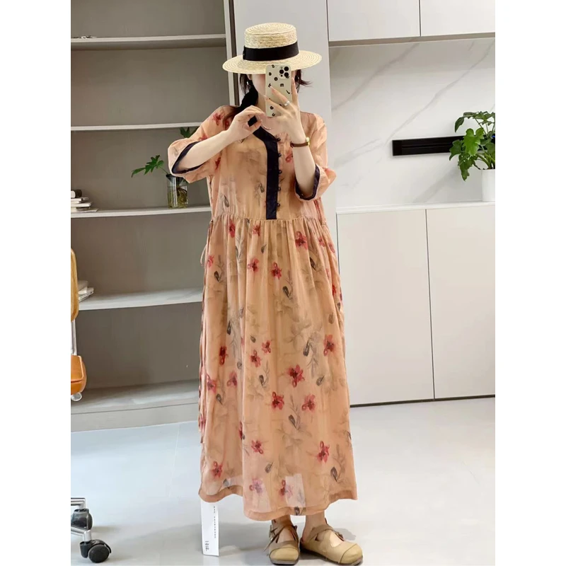 圆领数码印花刺绣拼接百搭藏肉显瘦碎花收腰KC 23066