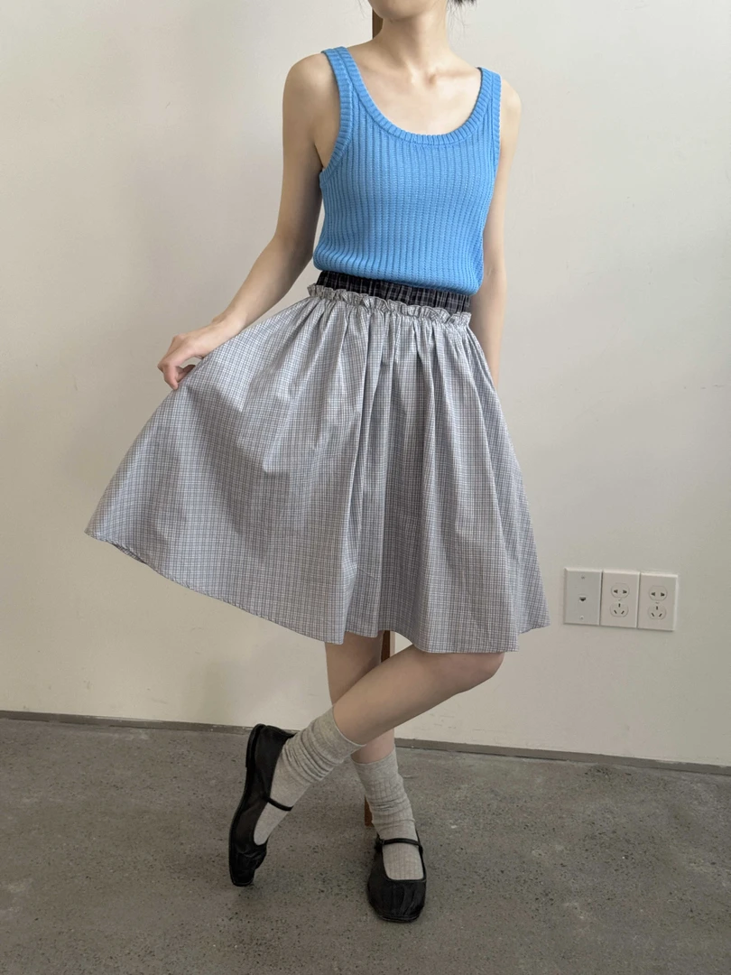 【素简】慵懒风撞色拼接格纹两穿半身裙气质松紧腰抹胸蓬蓬裙0961