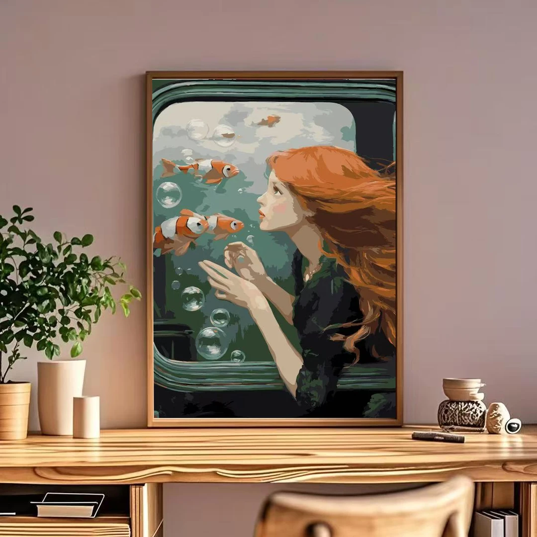 金鱼女孩礼物数字油画diy装饰画简单填色风景系油画治愈风挂画