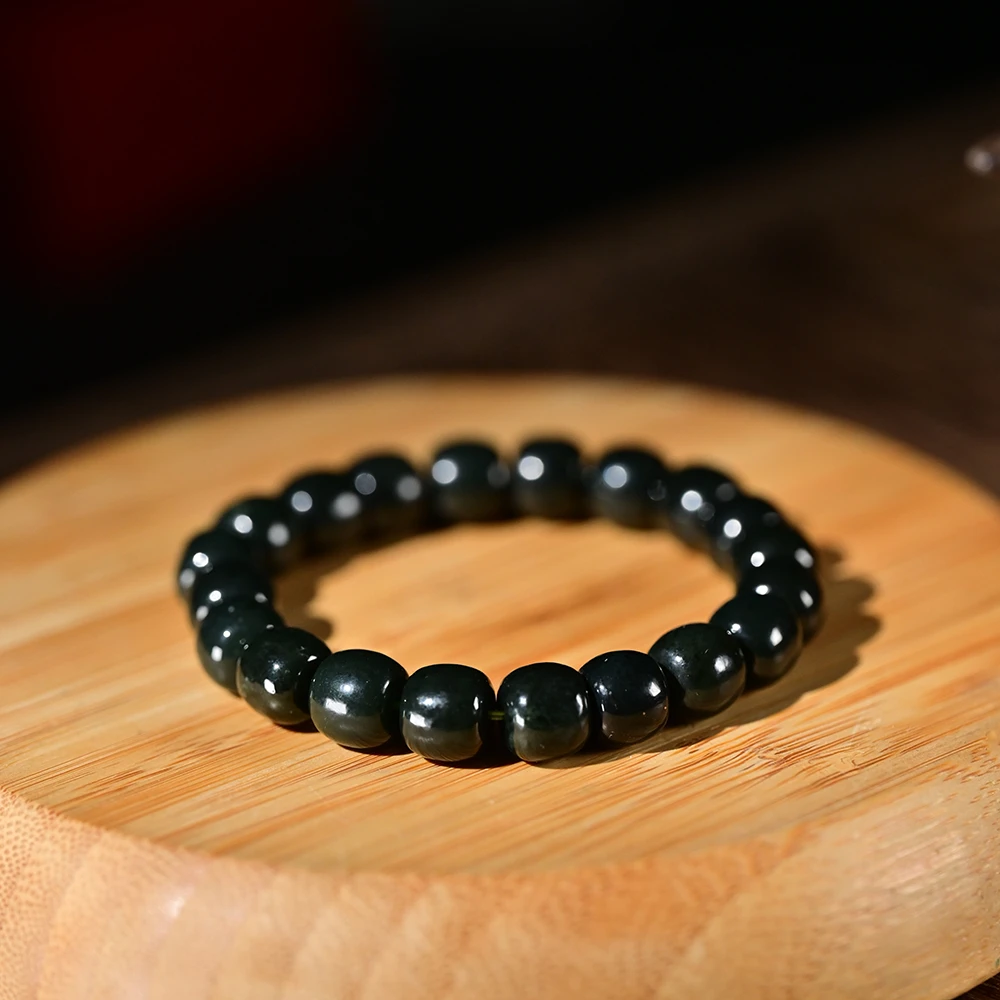 和田玉青玉老型珠手串女士情侣黑色素圈渐变镶嵌单圈