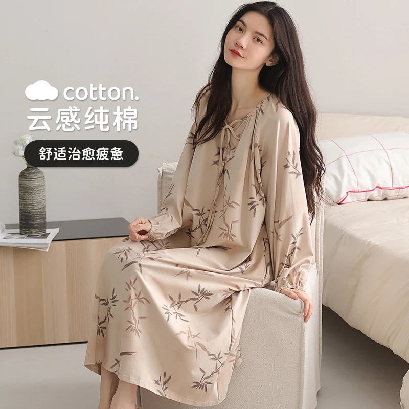 柔梦里女士睡衣纯棉春秋季长袖新款睡裙宽松舒适圆领双口袋长睡裙
