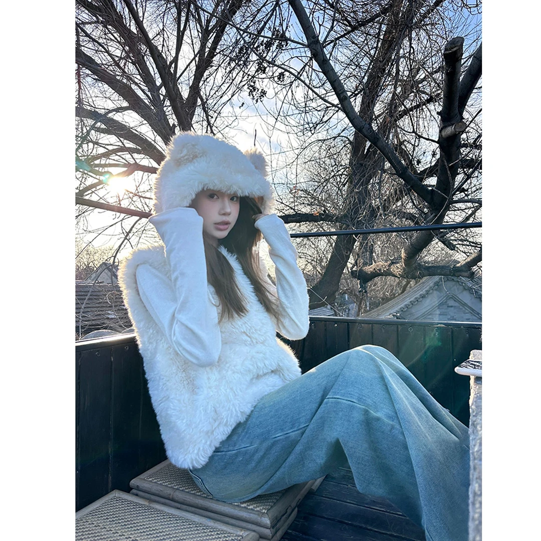 小熊耳朵马甲连帽毛毛外套女秋冬新款羊羔毛绒马夹坎肩背