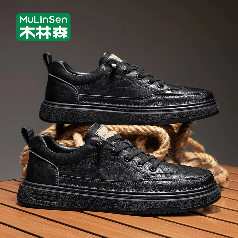 木林森男士休闲皮鞋秋季2025新款运动低帮板鞋黑色工作上班潮鞋