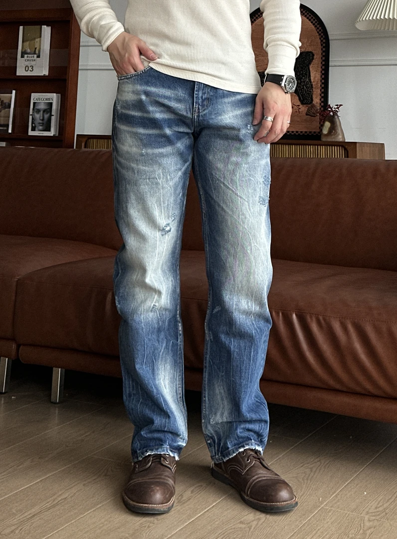 男款裤子重工复古洗水磨破美式宽松做旧休闲散边501版型直筒裤