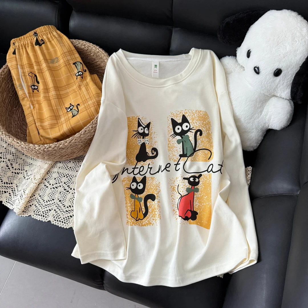 睡衣女春秋季双面精梳棉大码长袖2025新款带胸垫黑条猫套装家居服