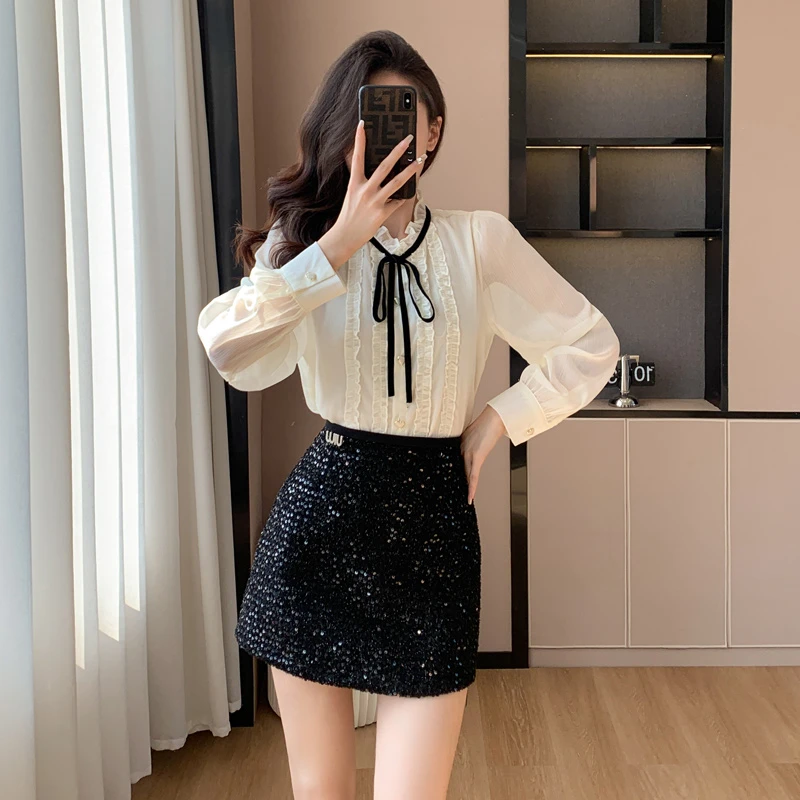 2024春装法式温柔风花边系雪纺衫上衣黑色亮片显瘦半身裙小香风
