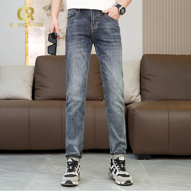 戈诺尔春夏季直筒牛仔裤男士修身新款简约刮烂时尚百搭长裤子男装
