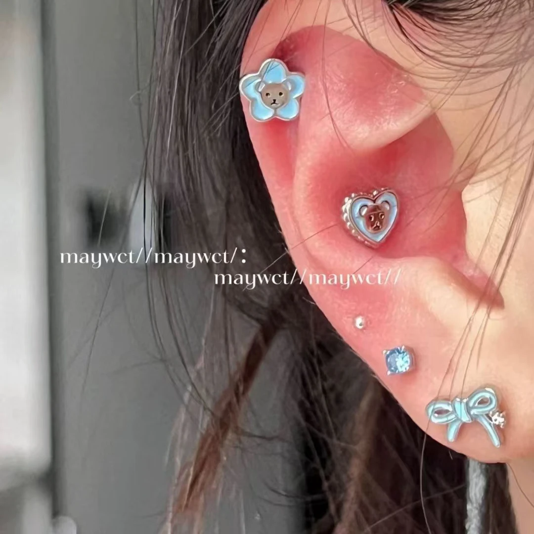 铜合金锆石耳饰 可爱蓝色爱心花朵蝴蝶结小熊耳骨钉耳钉养耳免摘