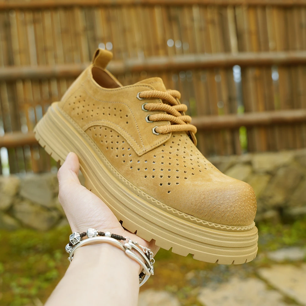 德比大头男女鞋透气圆头镂空夏季棕色休闲复古机车情侣皮鞋清凉感