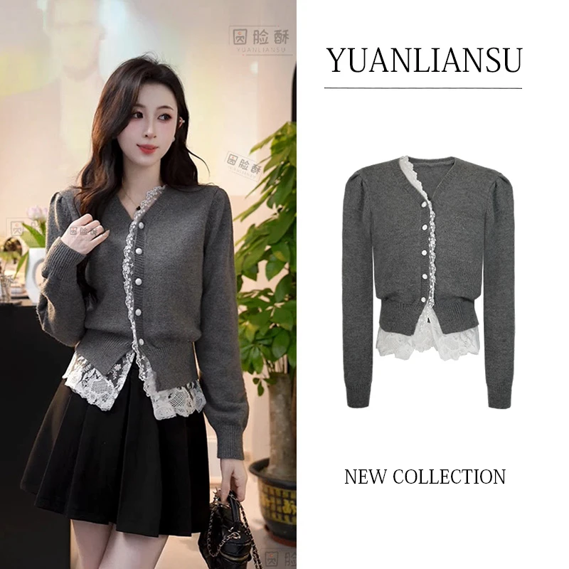 YUANLIANSU/圆脸酥【洱海的风】韩系气质蕾丝拼接灰色V领显瘦毛衣