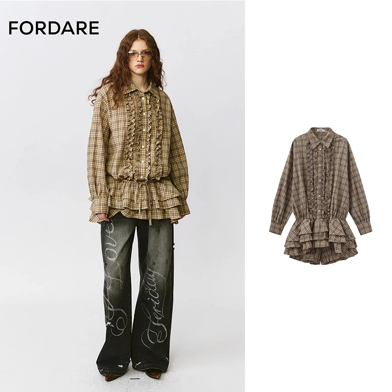 FORDARE/福蝶25早秋蛋糕裙摆长袖衬衫绑带时尚连衣裙牛仔春秋秋季