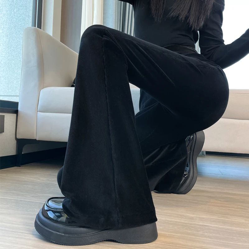黑色条绒微喇叭裤女秋季新款高腰弹力显瘦高个子加长灯芯绒马蹄裤