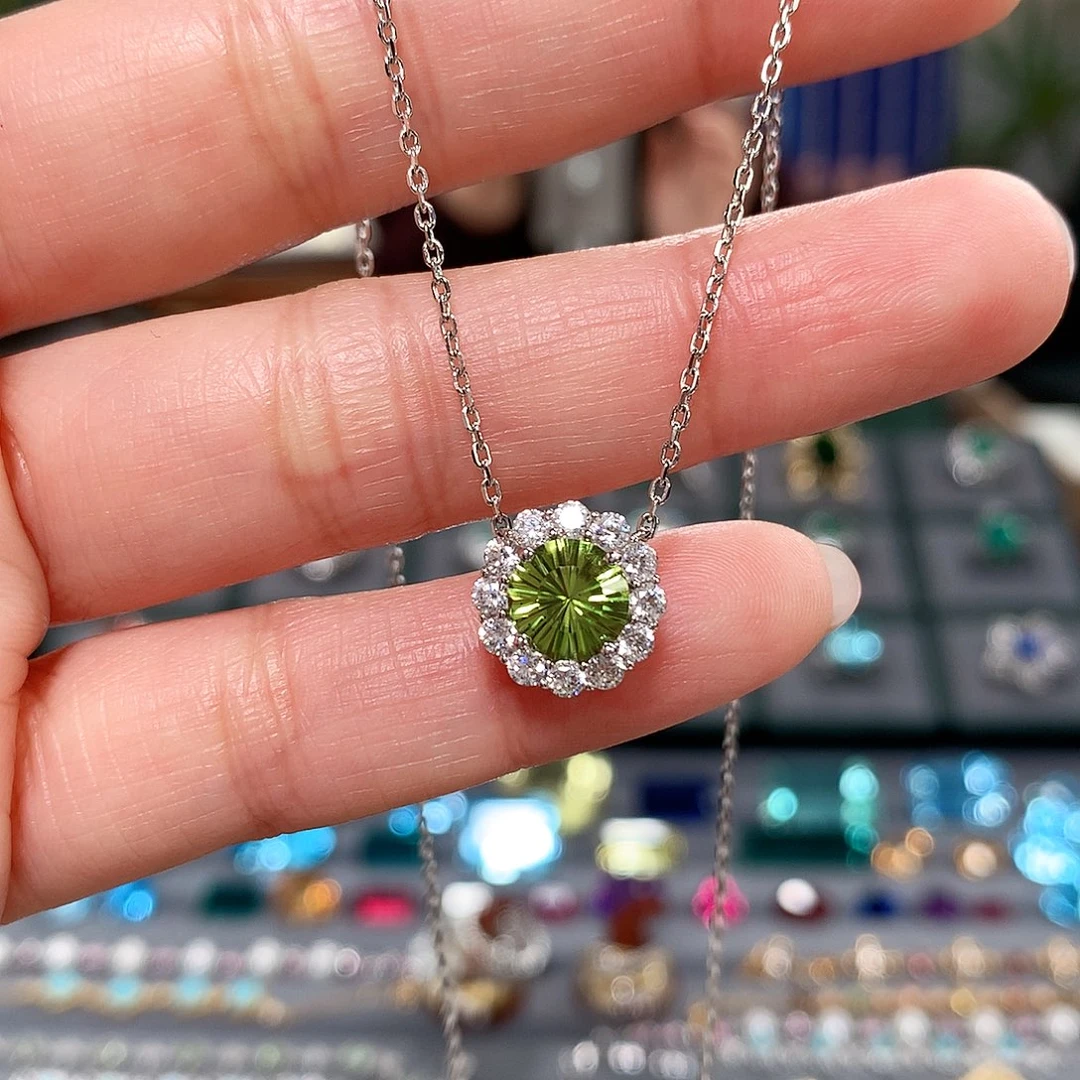 银S925镶嵌项链橄榄石满钻橄榄石项链