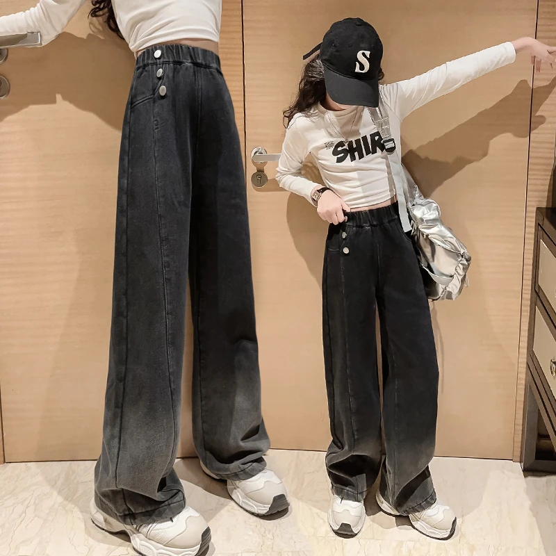 女童牛仔裤春装儿童裤子春秋款宽松休闲高腰中大童秋季直筒阔腿裤