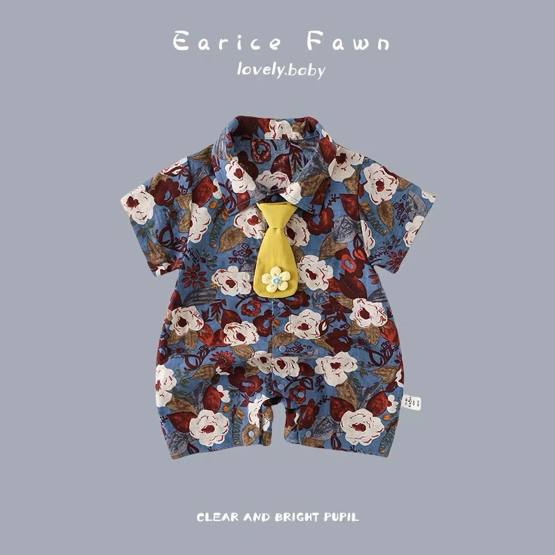 夏季薄款婴幼儿连体衣男女宝宝洋气时尚衬衫哈衣周岁生日外穿衣服