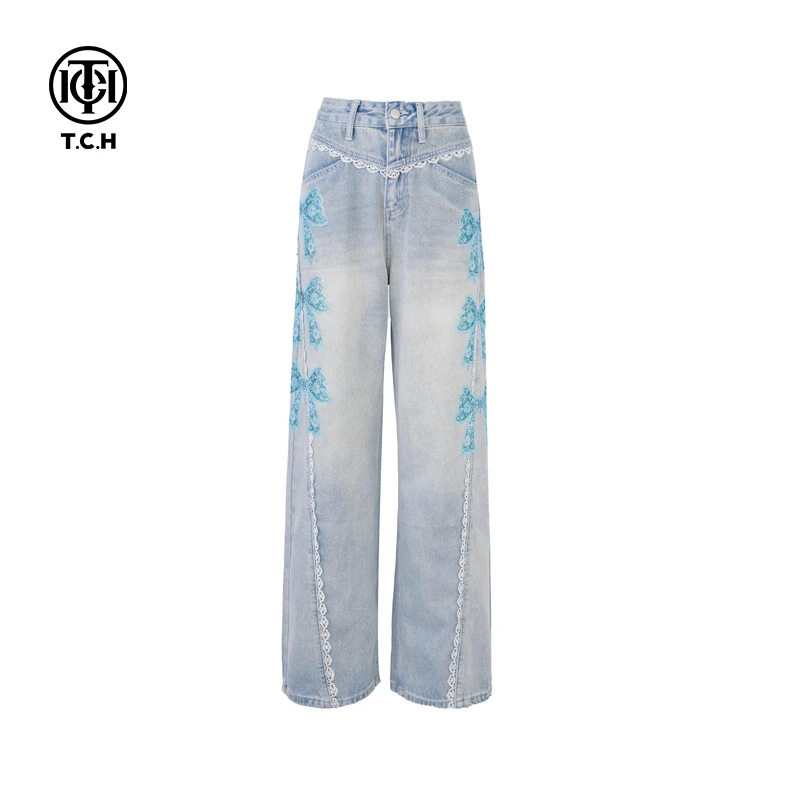 私服-TCH蓝色烫钻蝴蝶结时尚休闲小众温婉风牛仔裤T75A20E5026