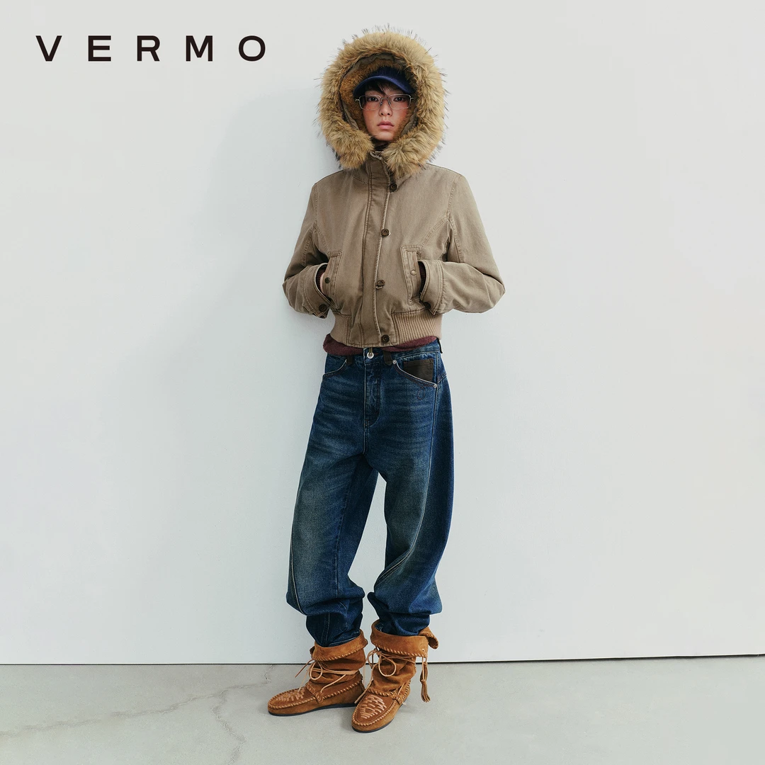 VERMO 复古经典利落剪裁 勾勒比例短款修身毛领做旧派克工装外套