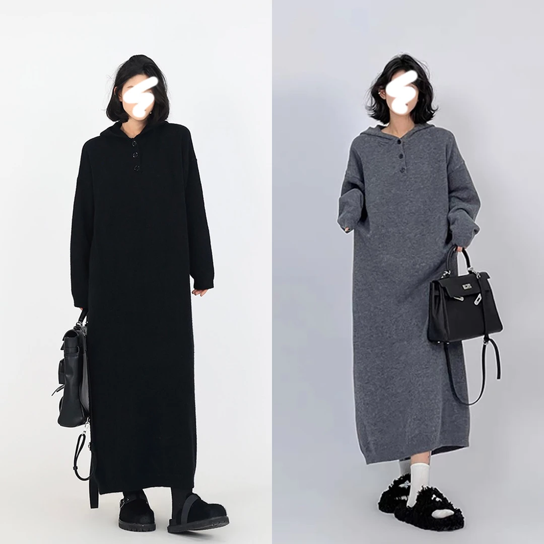 连帽大码慵懒风宽松毛衣裙韩版慵懒风显瘦针织连衣裙
