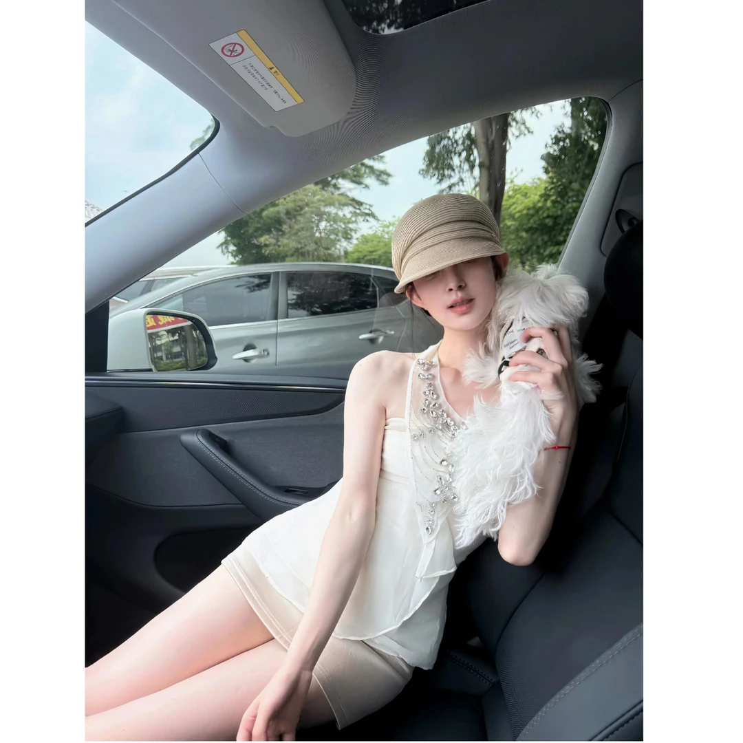 【娇贵星河】性感收腰镶钻挂脖抹胸雪纺衫上衣女2025新款显瘦半身裙