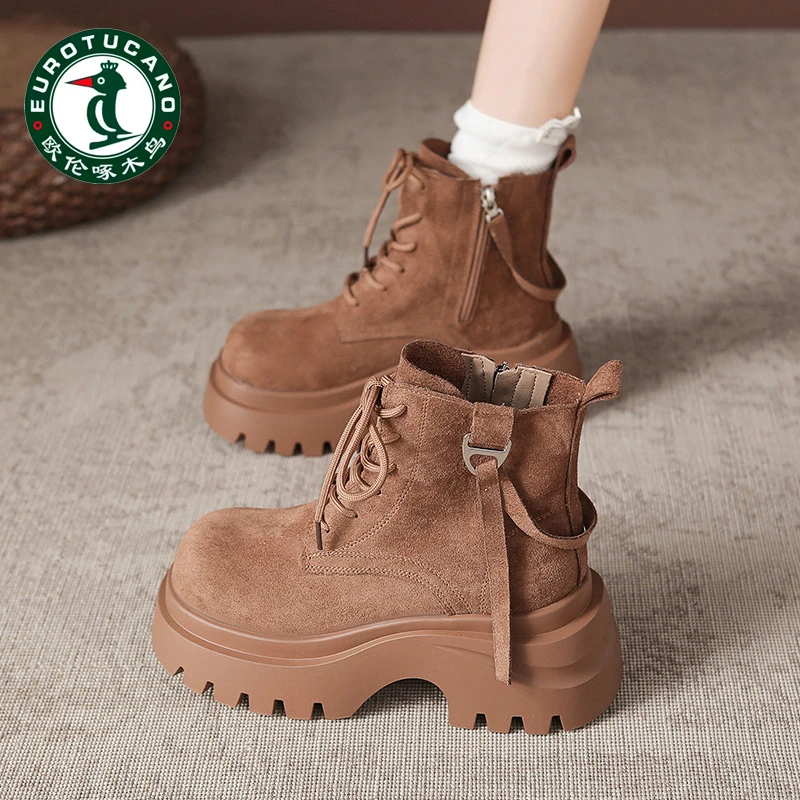 欧伦啄木鸟马丁靴女磨砂皮棕色沙漠靴2025秋季厚底英伦风机车靴潮