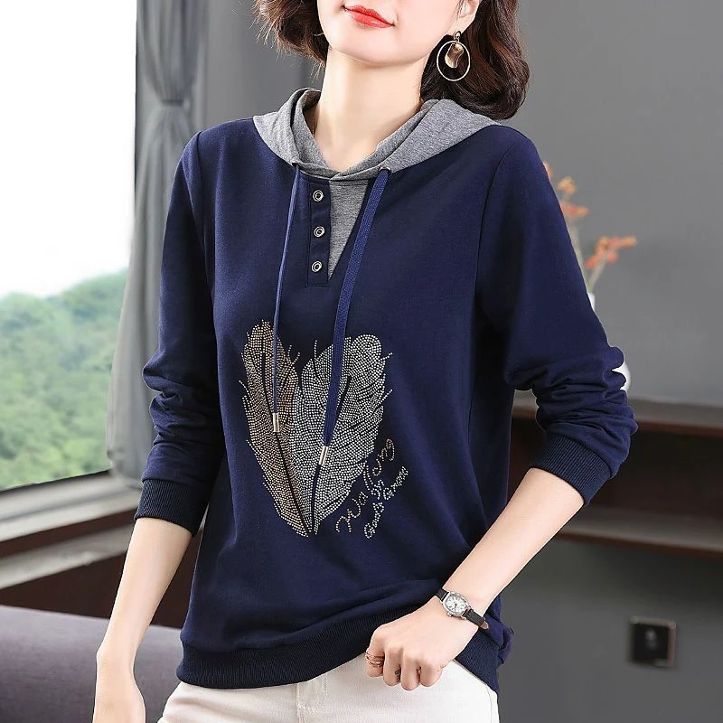 连帽长袖T恤女2025春秋新款女士妈妈装大码宽松显瘦上衣