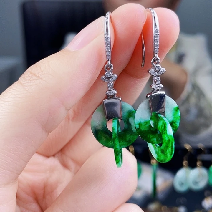 翡翠耳饰银S925镶嵌饰品